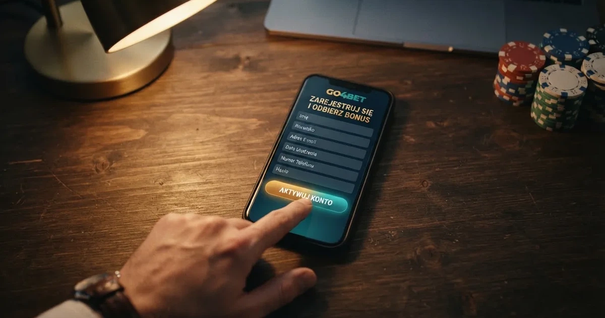 Smartfon z formularzem zakładania konta gracza i zakładką aktywacji środków bonusowych w sekcji konta