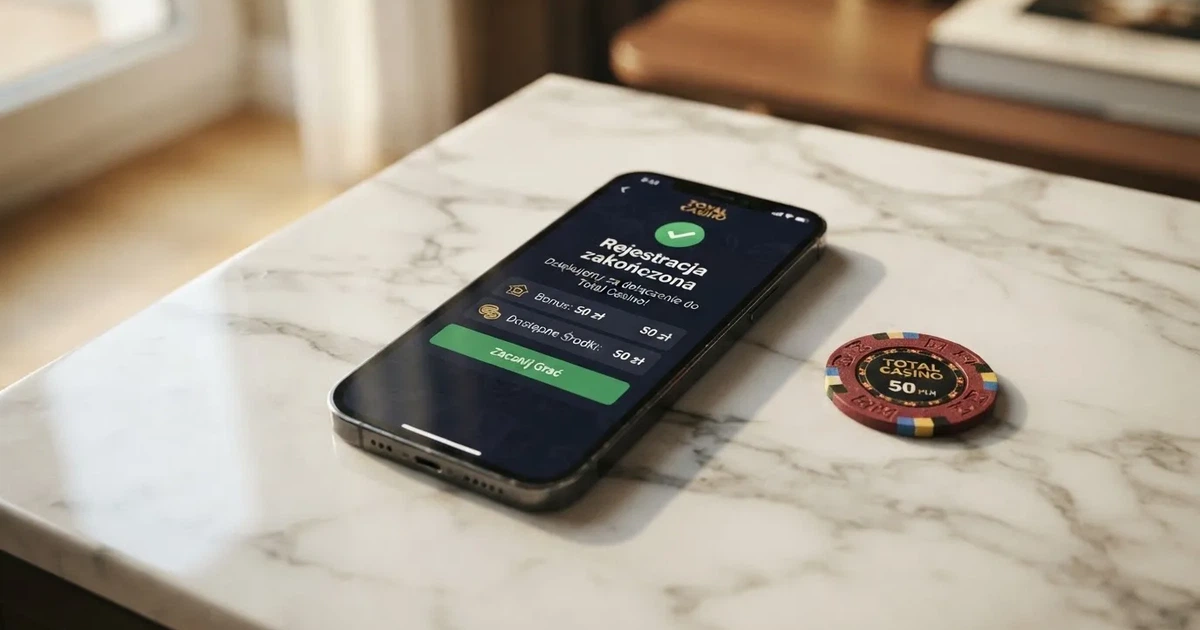 Ekran smartfona z ukończonym formularzem rejestracji konta gracza i saldem środków bonusowych obok salda Dostępne Środki
