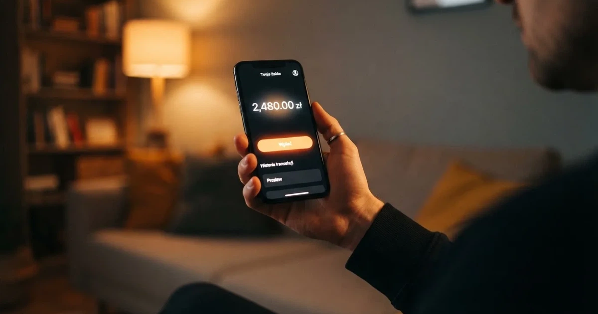 Dłoń trzymająca smartfon z otwartym ekranem salda konta gracza i przyciskiem wpłaty na ePortfel