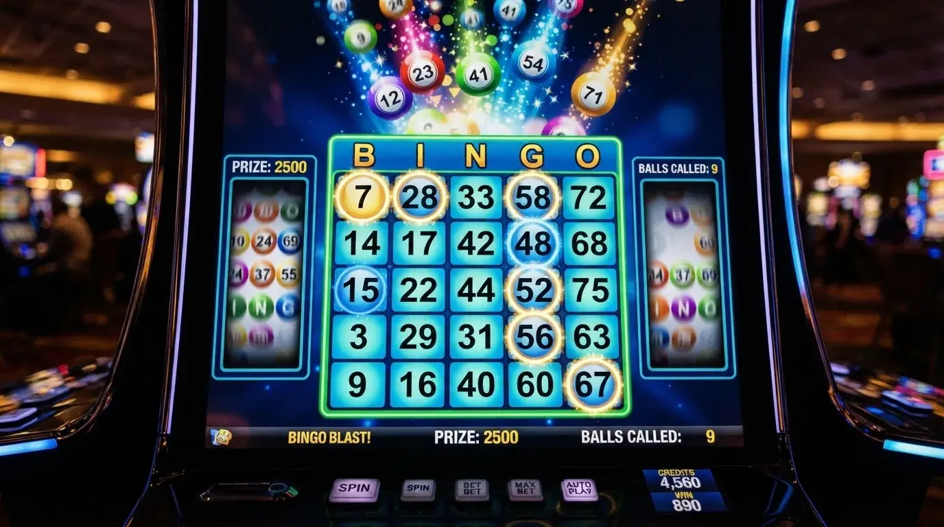 Ekran automatu do gry z kolorową planszą w stylu bingo i podświetlonymi liczbami