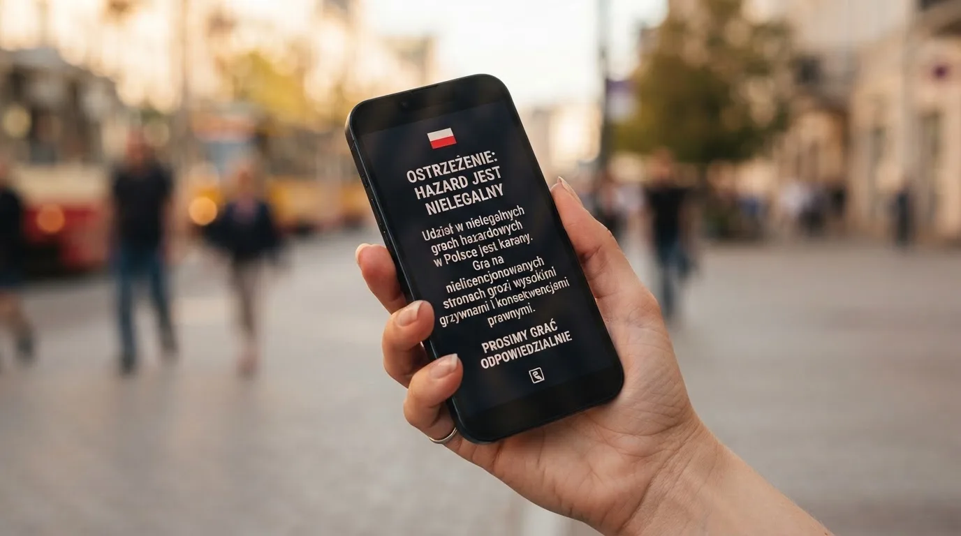 Dłoń trzymająca telefon z widocznym komunikatem ostrzegawczym o legalności hazardu online na tle biało-czerwonej flagi Polski.