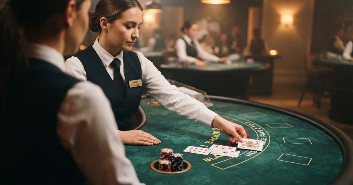 Krupier rozdający karty przy stole blackjacka na żywo w kasynie online