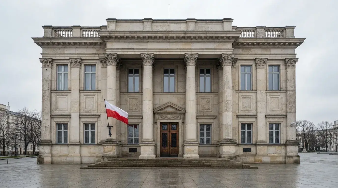 Fasada budynku instytucji państwowej z flagą Polski, symbol nadzoru regulatora nad rynkiem gier hazardowych