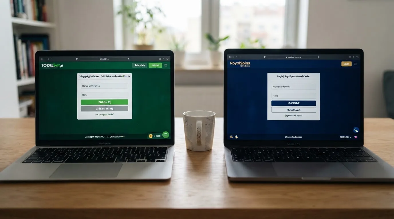Dwa ekrany logowania kasyna online obok siebie na biurku, jeden z polskim interfejsem złotówkowym, symbolizujące porównanie dwóch różnych serwisów