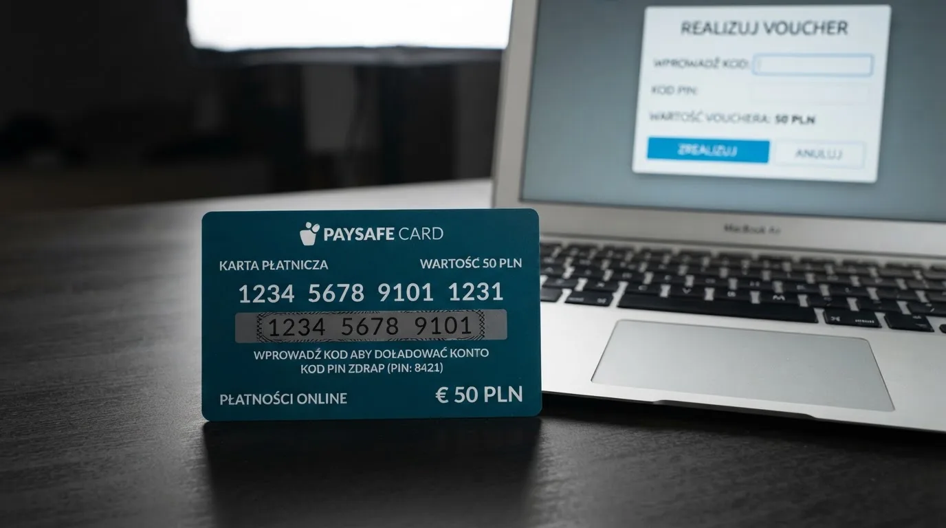Karta przedpłacona Paysafecard z zasłoniętym polem kodu PIN obok klawiatury laptopa