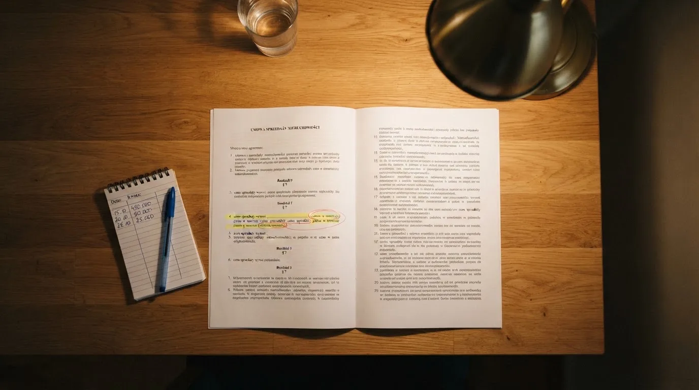 Wydruk kodeksu karnego skarbowego z zakreślonym artykułem obok kalkulatora i długopisu na biurku