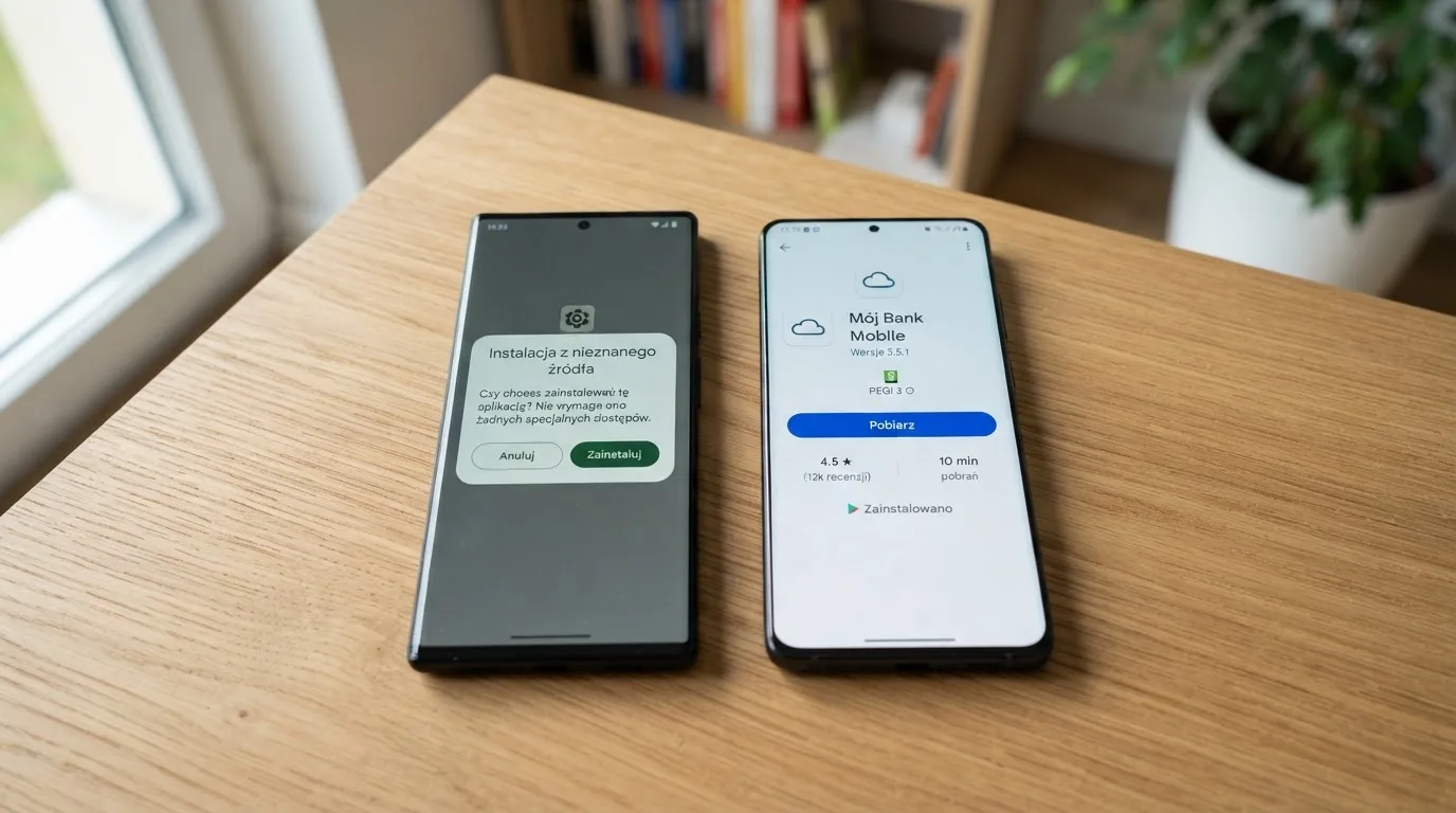 Dwa telefony obok siebie: na jednym komunikat zgody na instalację pliku APK z nieznanego źródła, na drugim strona aplikacji w sklepie z przyciskiem pobierania