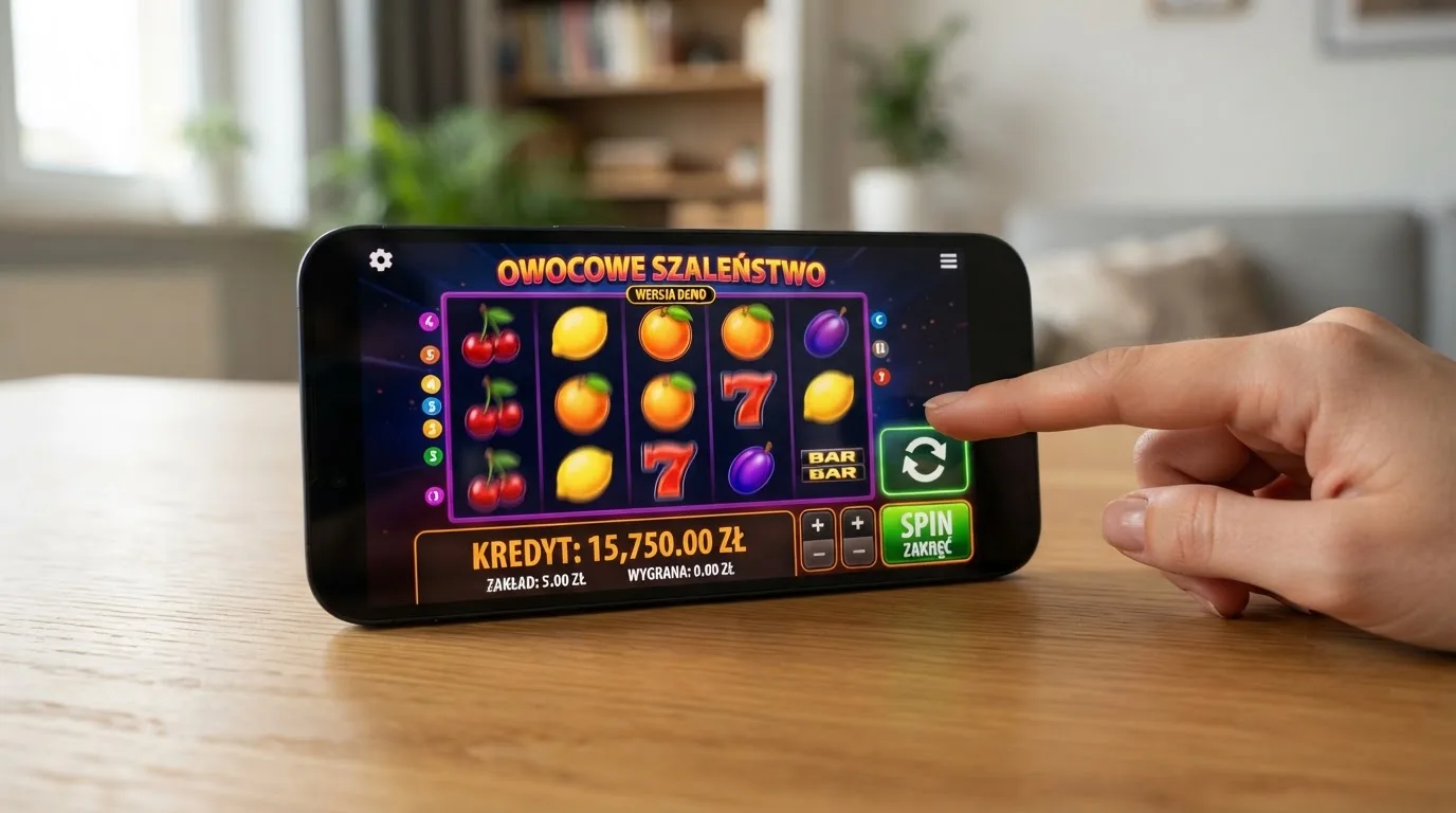 Ekran smartfona z uruchomionym trybem demo automatu, licznik wirtualnych kredytów zamiast prawdziwych pieniędzy