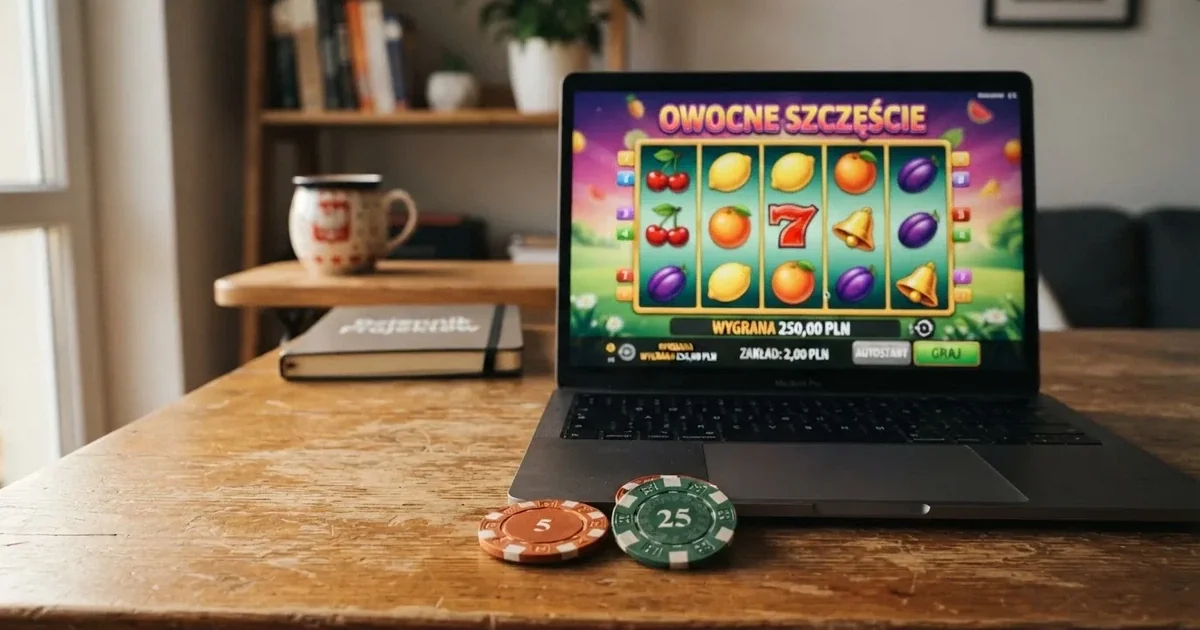 Ekran laptopa z otwartą stroną porównania kasyn online obok fizycznego żetonu i symbolu kryptowaluty Bitcoin Cash.