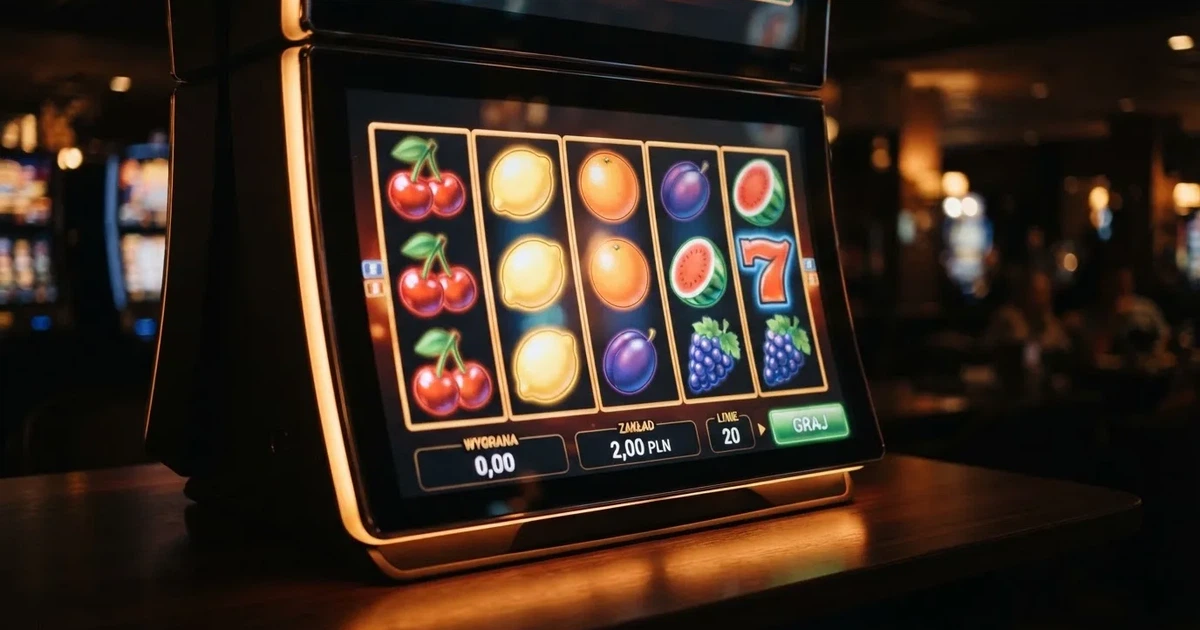 Ekran otwierający automat online z kolorowymi symbolami owoców na wirtualnych bębnach, bez logo żadnego konkretnego kasyna