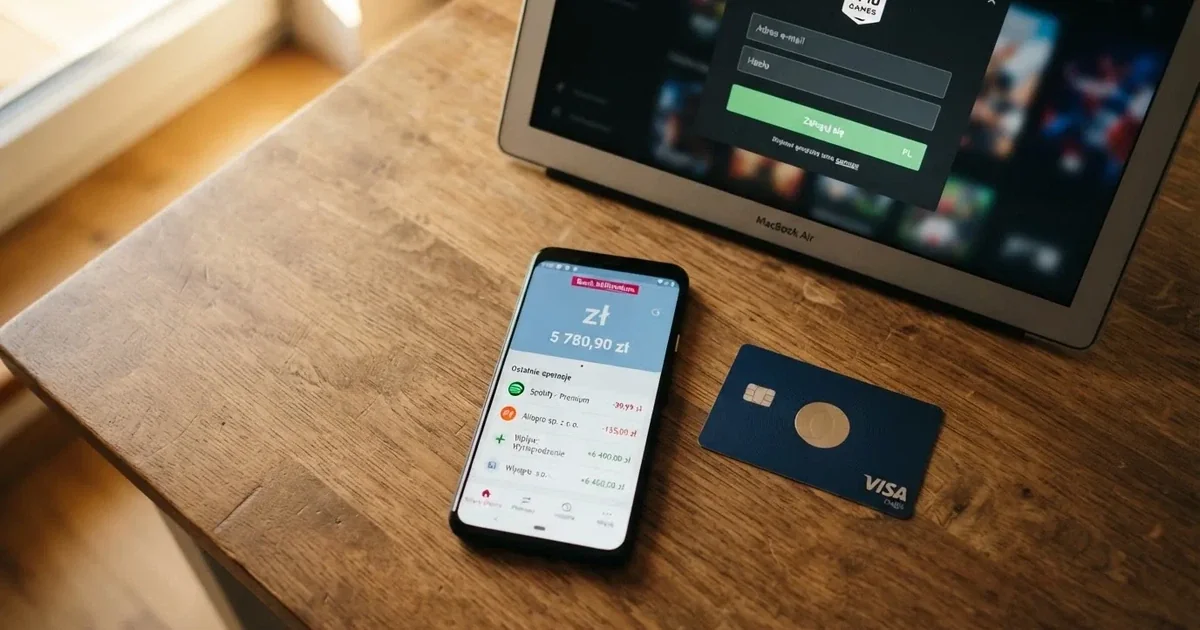 Ekran aplikacji bankowej na smartfonie leżącym obok karty płatniczej i otwartego na laptopie ekranu logowania do serwisu gier online