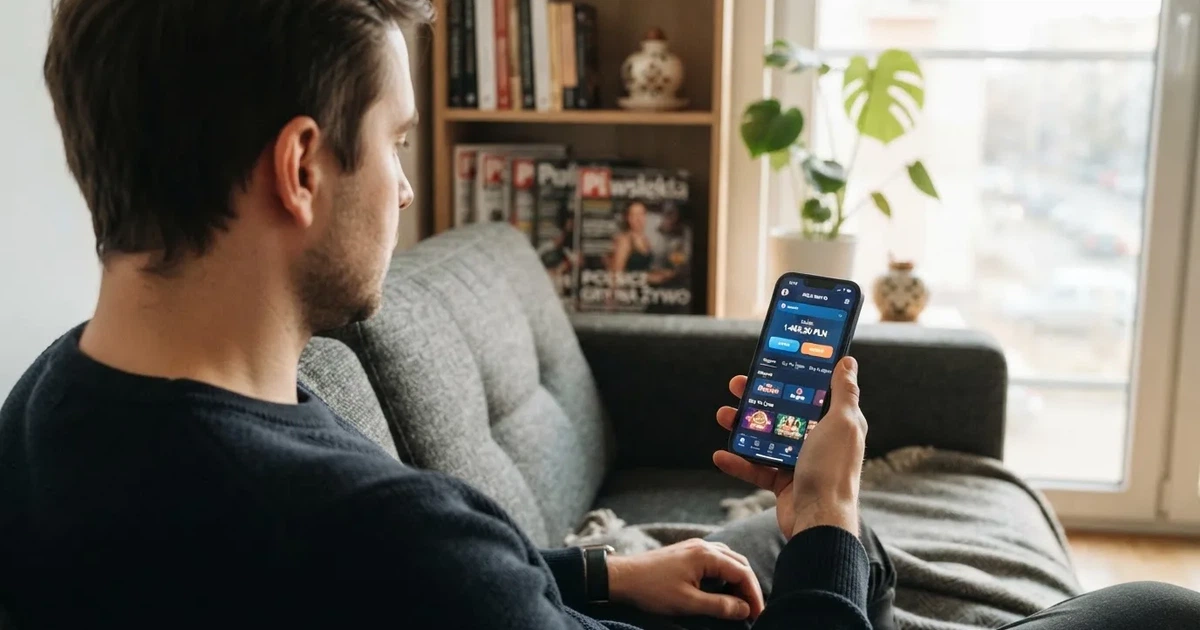 Dorosły mężczyzna na kanapie trzyma smartfon z Androidem, na ekranie saldo konta gracza w złotych obok przycisku wypłaty