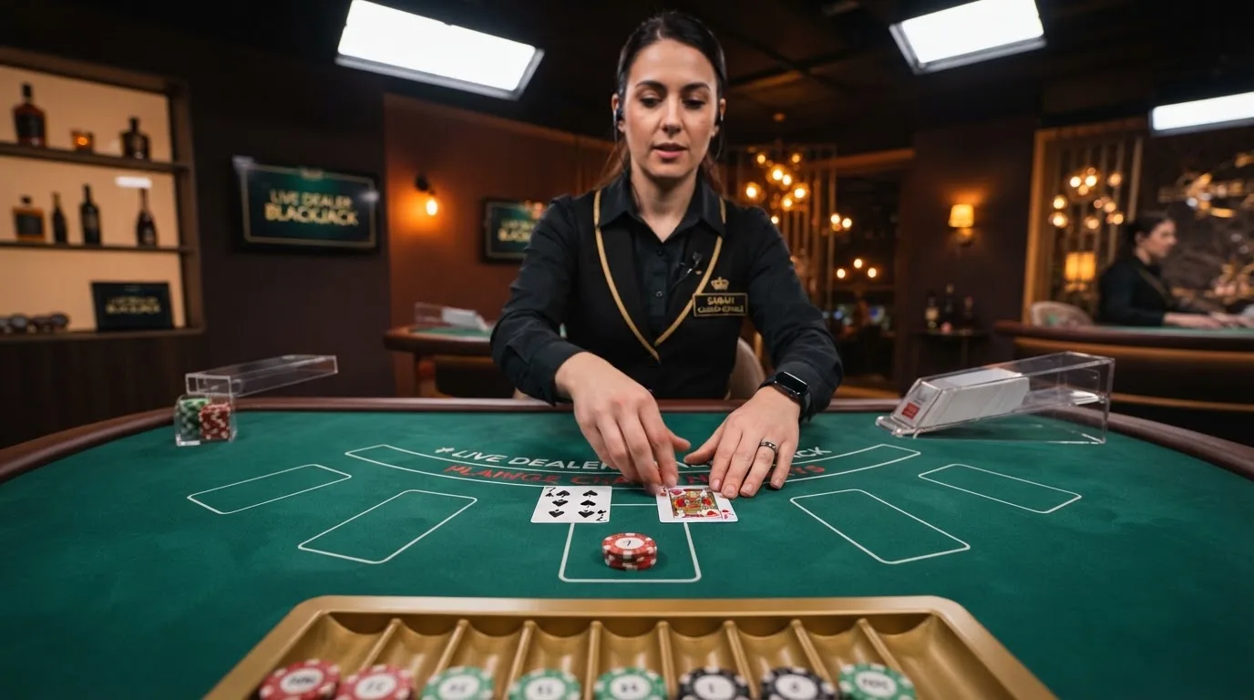 Krupier rozdający karty przy stole blackjacka podczas transmisji na żywo