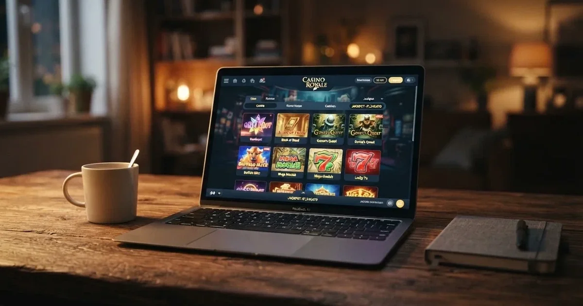 widok lobby wirtualnego kasyna na ekranie laptopa z rzędami ikon gier automatów