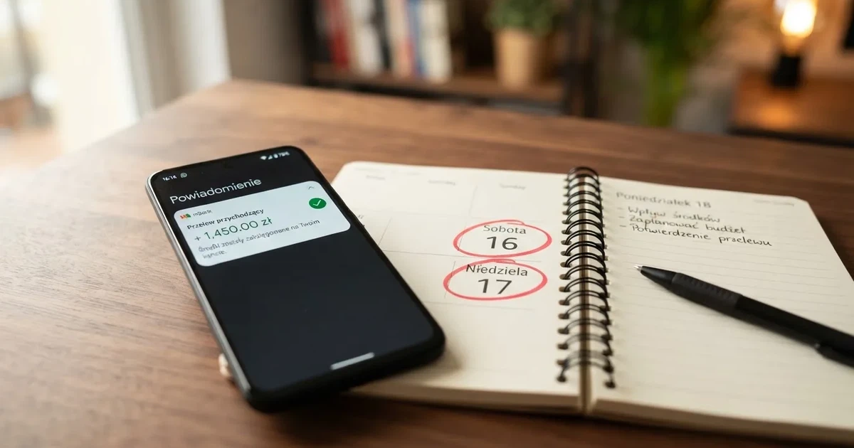 Smartfon z powiadomieniem o zaksięgowanym przelewie przychodzącym, obok papierowy kalendarz z zakreśloną sobotą i niedzielą