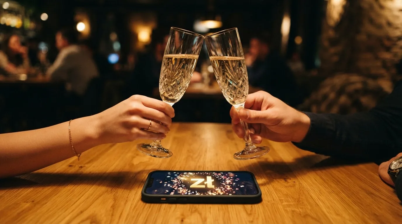 Kieliszki wzniesione w geście świętowania obok telefonu z ekranem pokazującym dużą kwotę wygranej.