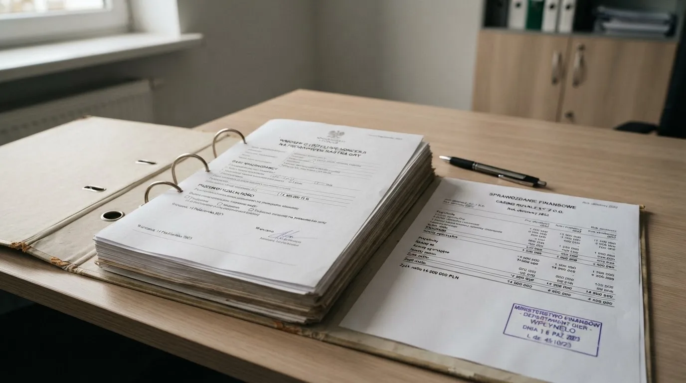 Segregator z wnioskiem o koncesję na kasyno gry, wydrukiem sprawozdania finansowego i urzędową pieczątką leżący na biurku