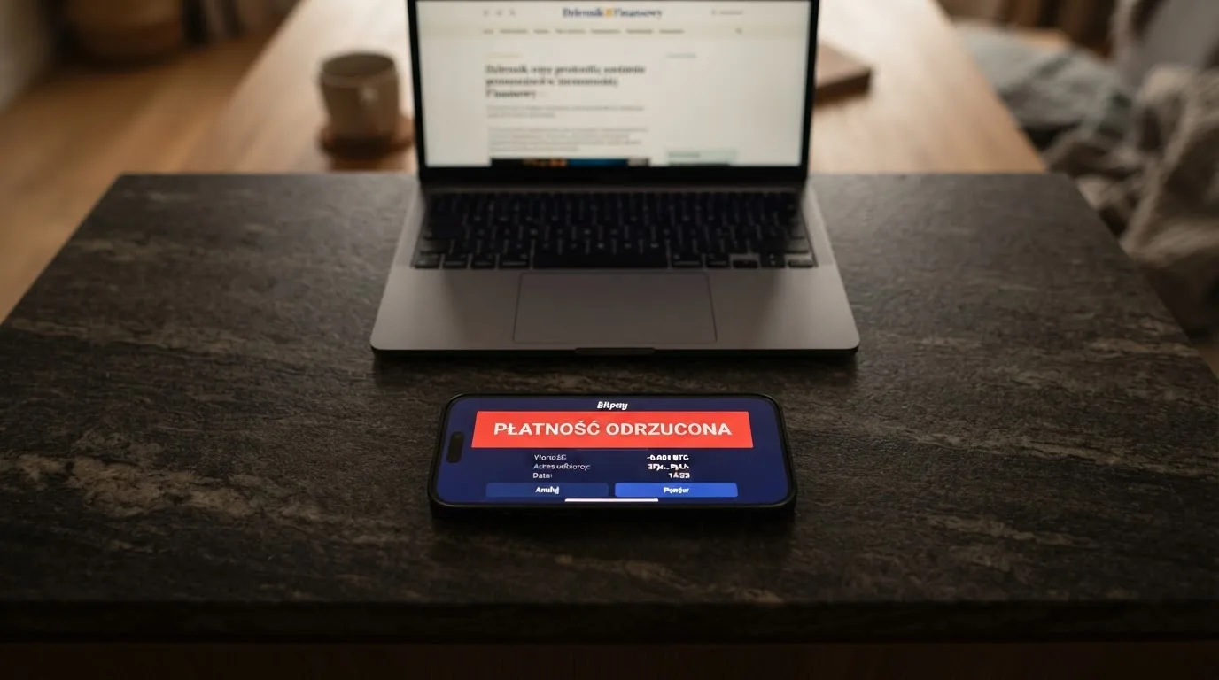 Smartfon z otwartym portfelem kryptowalut i komunikatem o odrzuconej płatności leżący obok laptopa