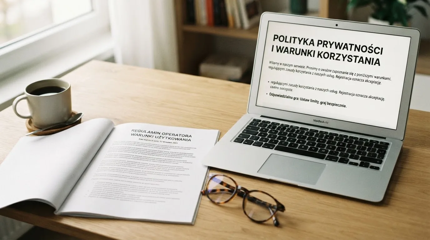 Dokument regulaminu operatora kasyna online rozłożony obok laptopa z otwartą stroną warunków gry