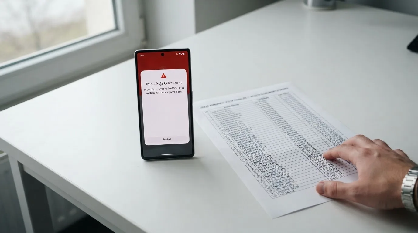 Telefon z komunikatem o odrzuconej płatności na ekranie, obok wydruk tabeli z listą zablokowanych adresów stron