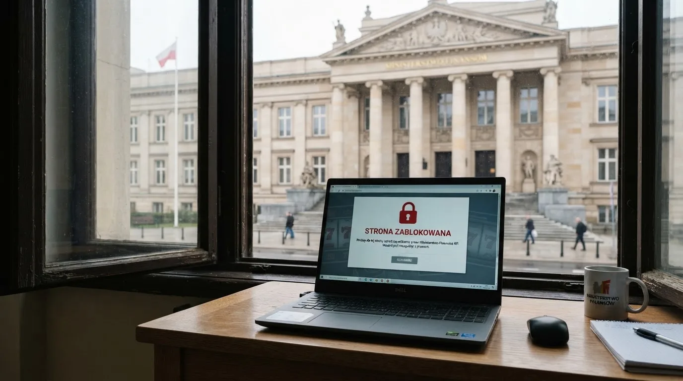 Budynek urzędu z tablicą ministerstwa, na pierwszym planie laptop z komunikatem o zablokowanej stronie kasyna