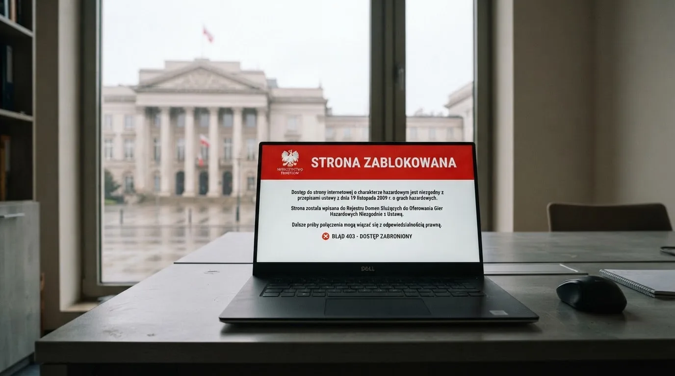 Laptop z komunikatem o zablokowanej stronie hazardowej, w tle budynek urzędu z tablicą ministerstwa