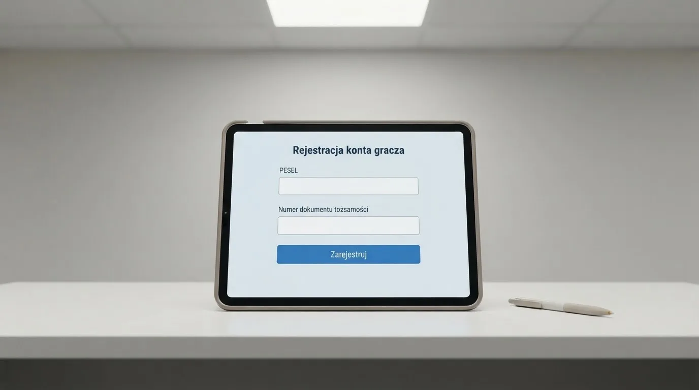 Formularz rejestracji konta gracza z polami na PESEL i numer dokumentu tożsamości na ekranie tabletu