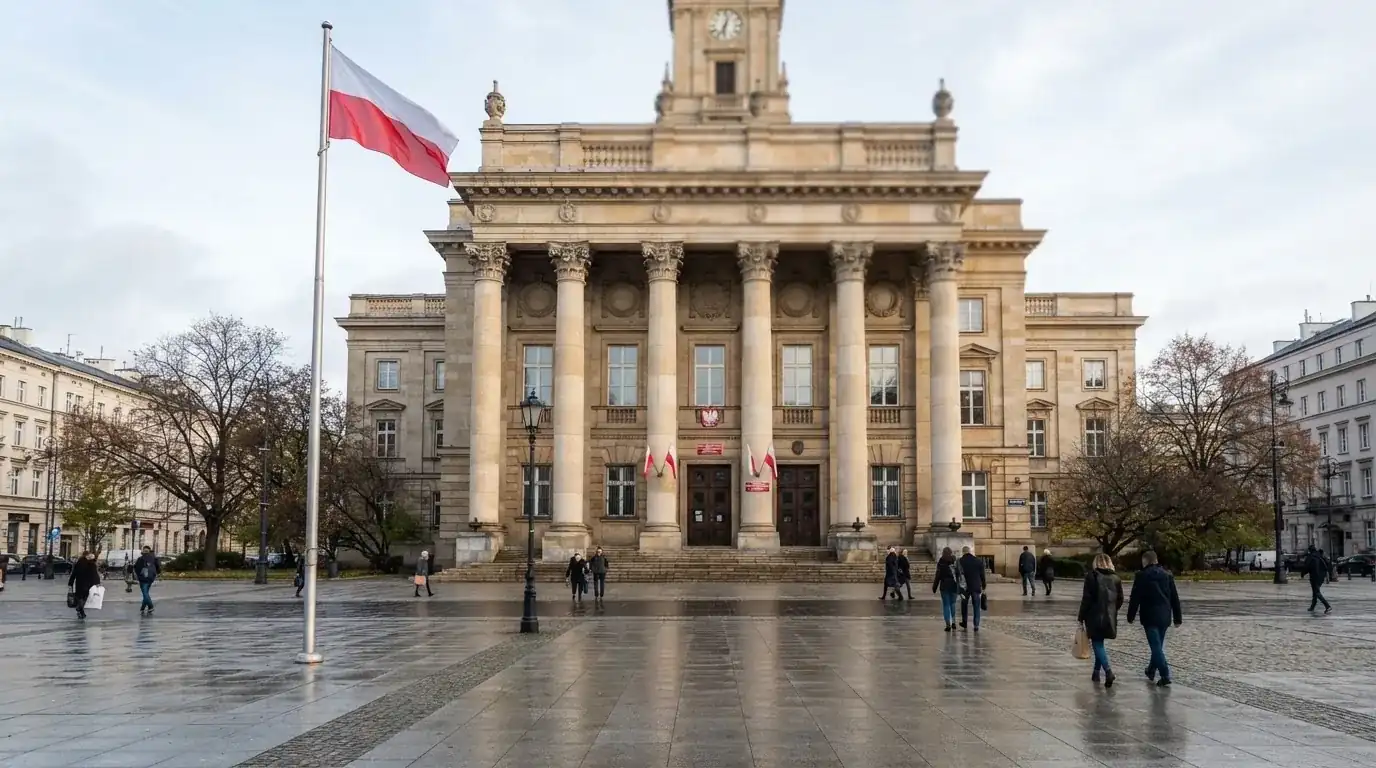 Budynek urzędu administracji państwowej z flagą Polski na maszcie w tle