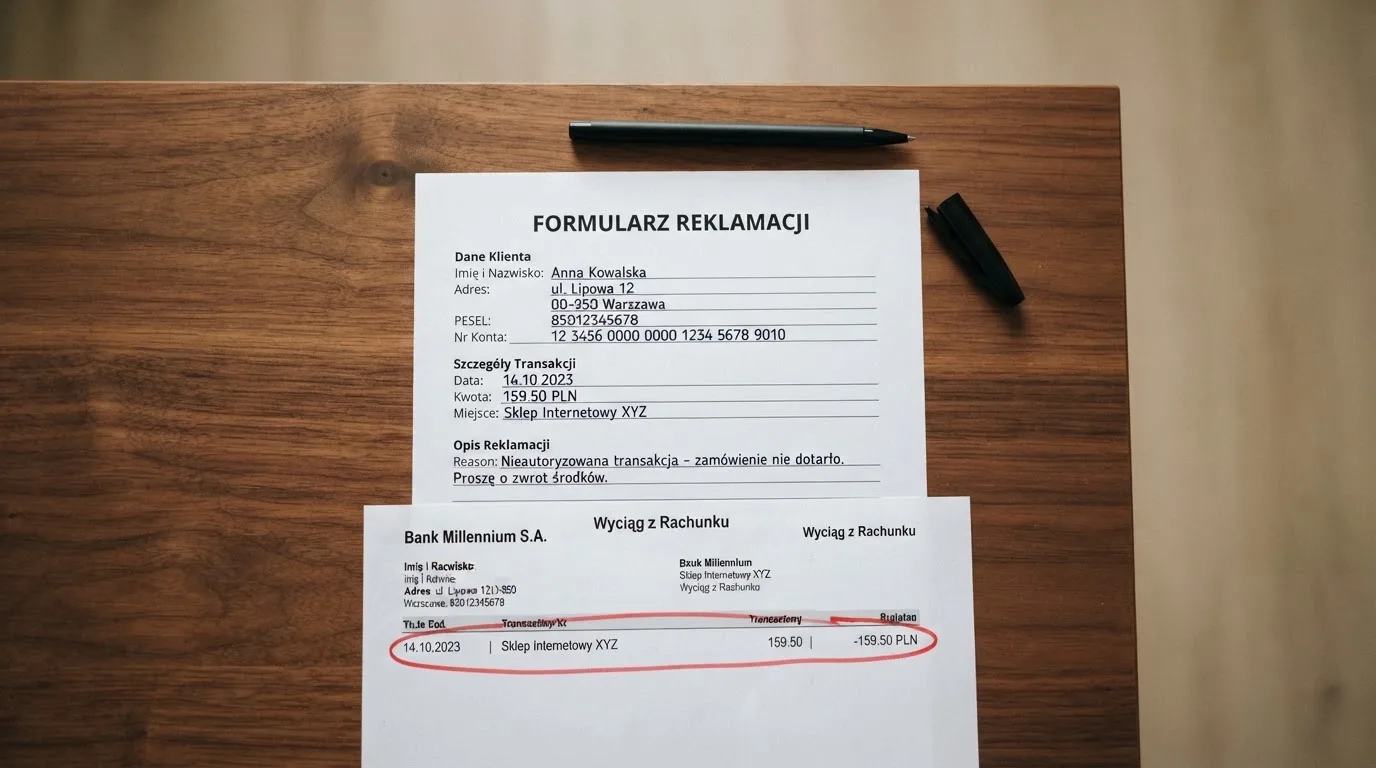 Wydrukowany formularz reklamacji leżący na biurku obok długopisu i wyciągu bankowego z zakreśloną pozycją