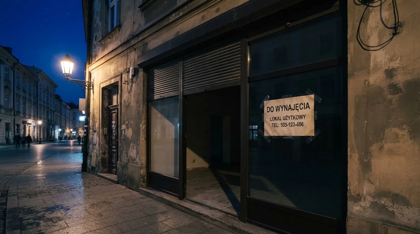 Pusty, zamknięty lokal handlowy z tabliczką „do wynajęcia”, symbolizujący brak działających salonów gry bingo pieniężne
