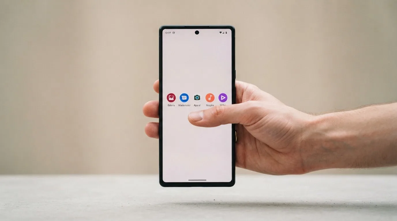 Dłoń przewijająca telefon z rzędem prostych, niepodpisanych ikon aplikacji społecznościowych.