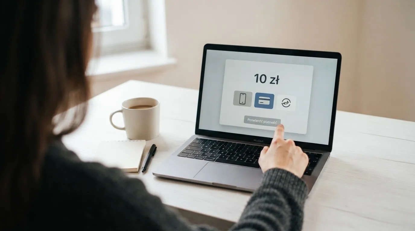 Laptop z otwartym oknem wpłaty na kwotę 10 zł i listą metod: BLIK, karta płatnicza, szybki przelew