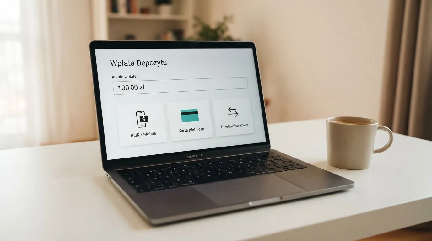 Laptop z oknem wpłaty na ePortfel, wpisana kwota 100 zł i lista metod: BLIK, karta płatnicza, szybki przelew