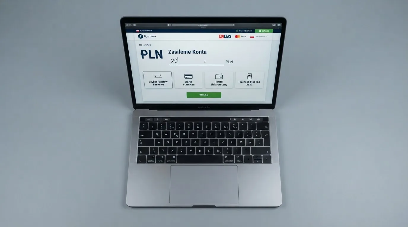 Laptop z otwartym formularzem wpłaty na kwotę 20 zł i wyborem między szybkim przelewem, kartą płatniczą a BLIK-iem